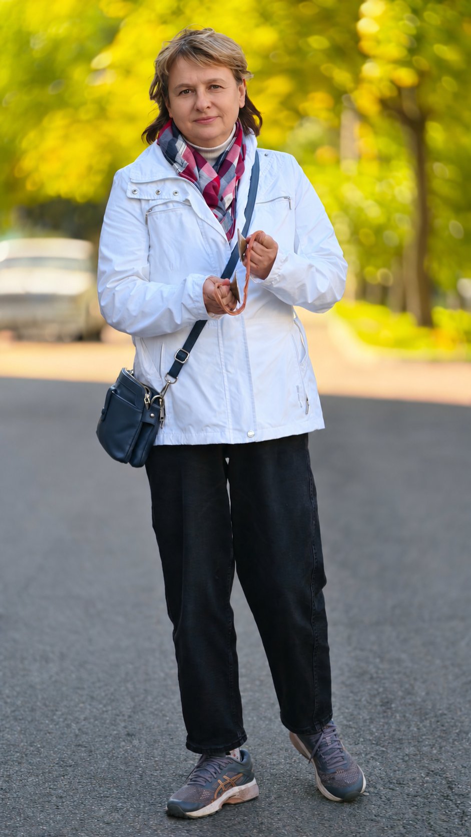 Волонтерка у білій куртці та картатій хустці стоїть на алеї осіннього парку